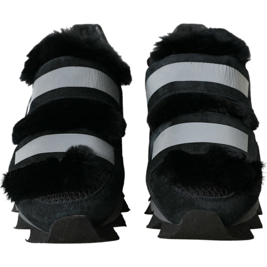 Dolce & Gabbana Black Fur Embellished Suede Sneakers Shoes MV5524-44