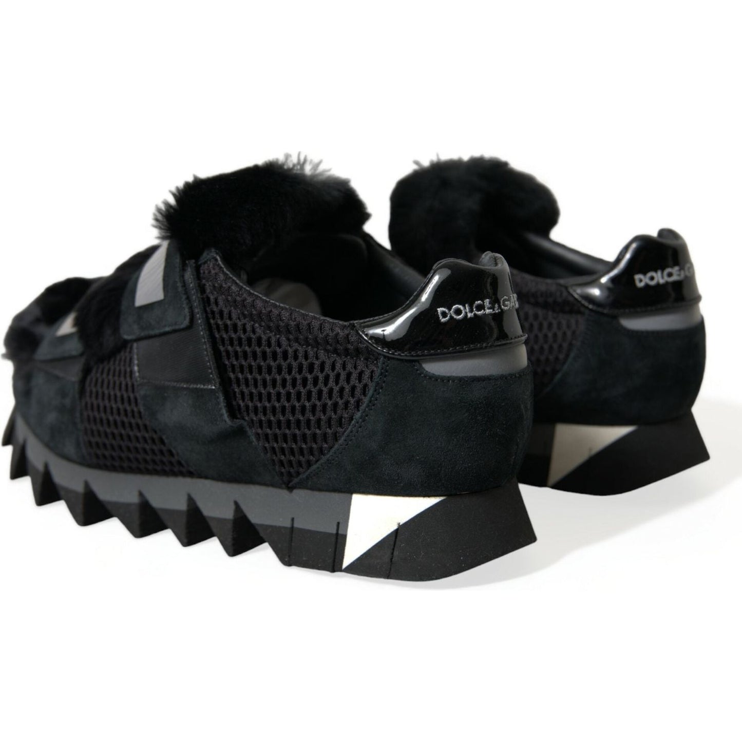 Dolce & Gabbana Black Fur Embellished Suede Sneakers Shoes