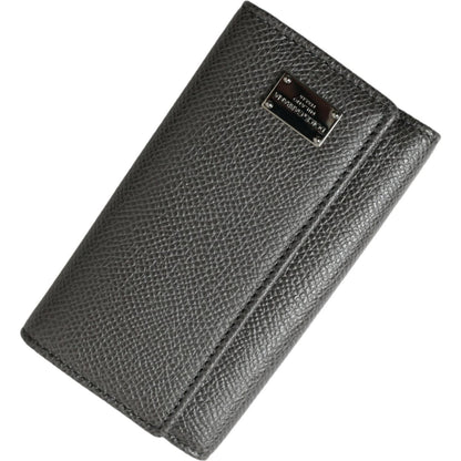 Dolce & Gabbana Gray Leather Silver Metal Logo Plaque Trifold Keyring
