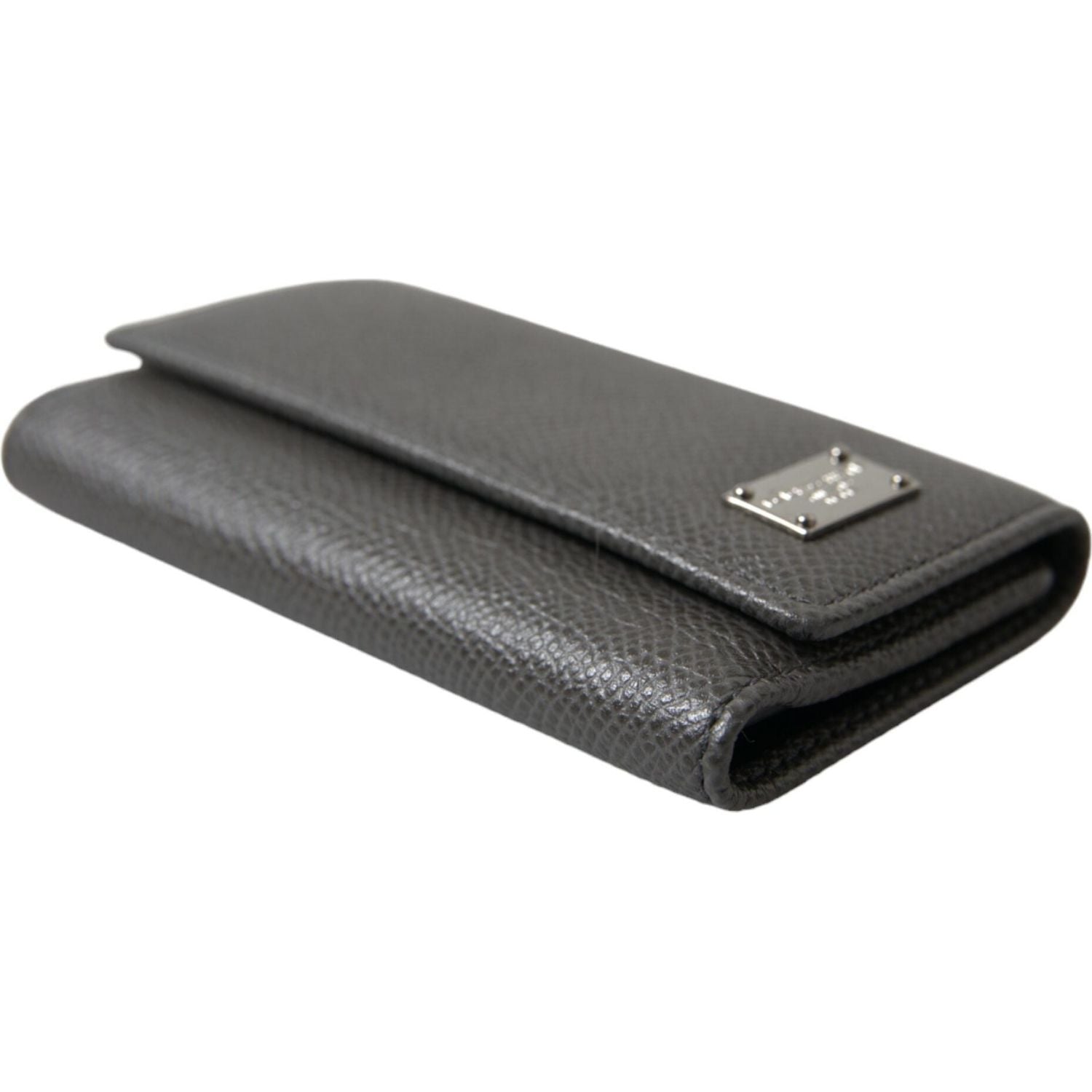 Dolce & Gabbana Gray Leather Silver Metal Logo Plaque Trifold Keyring