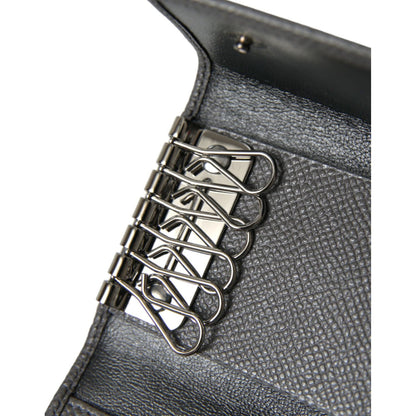 Dolce & Gabbana Gray Leather Silver Metal Logo Plaque Trifold Keyring