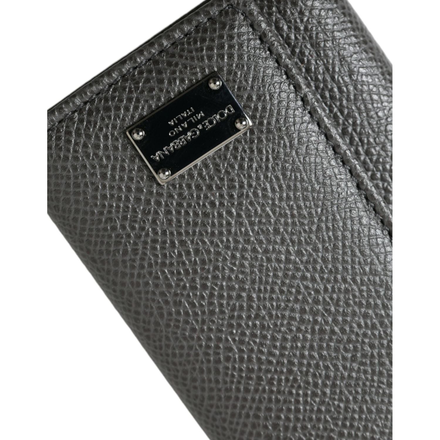 Dolce & Gabbana Gray Leather Silver Metal Logo Plaque Trifold Keyring
