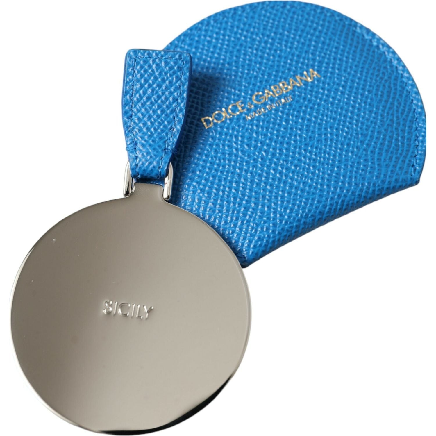Dolce & Gabbana Blue Calfskin Leather Round Logo Hand Mirror Holder