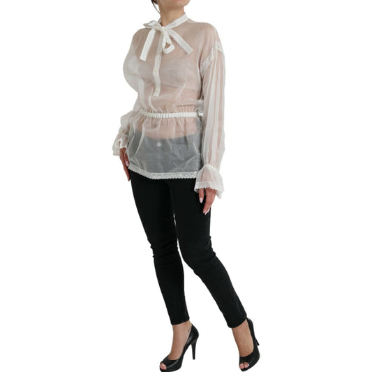 Dolce & Gabbana White Silk Long Sleeves Ascot Collar Top