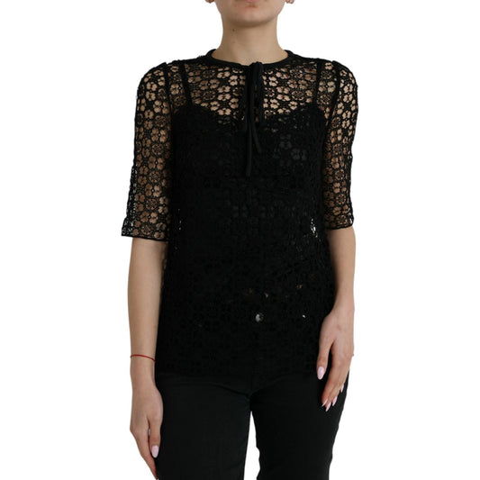 Dolce & Gabbana Black Floral Lace Short Sleeves Blouse Top