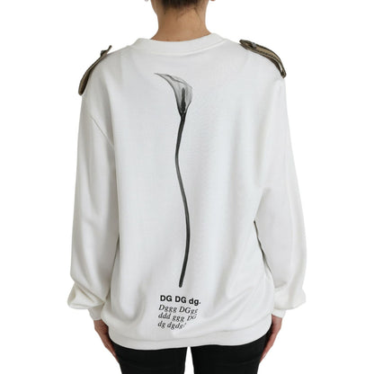 Dolce & Gabbana White Floral Cotton Crew Neck Pullover Sweater