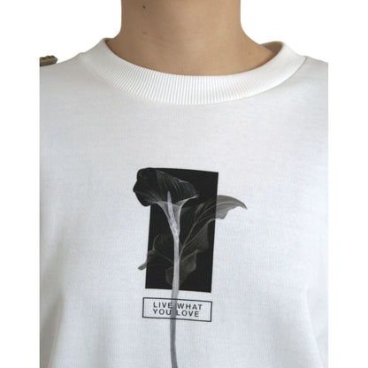Dolce & Gabbana White Floral Cotton Crew Neck Pullover Sweater