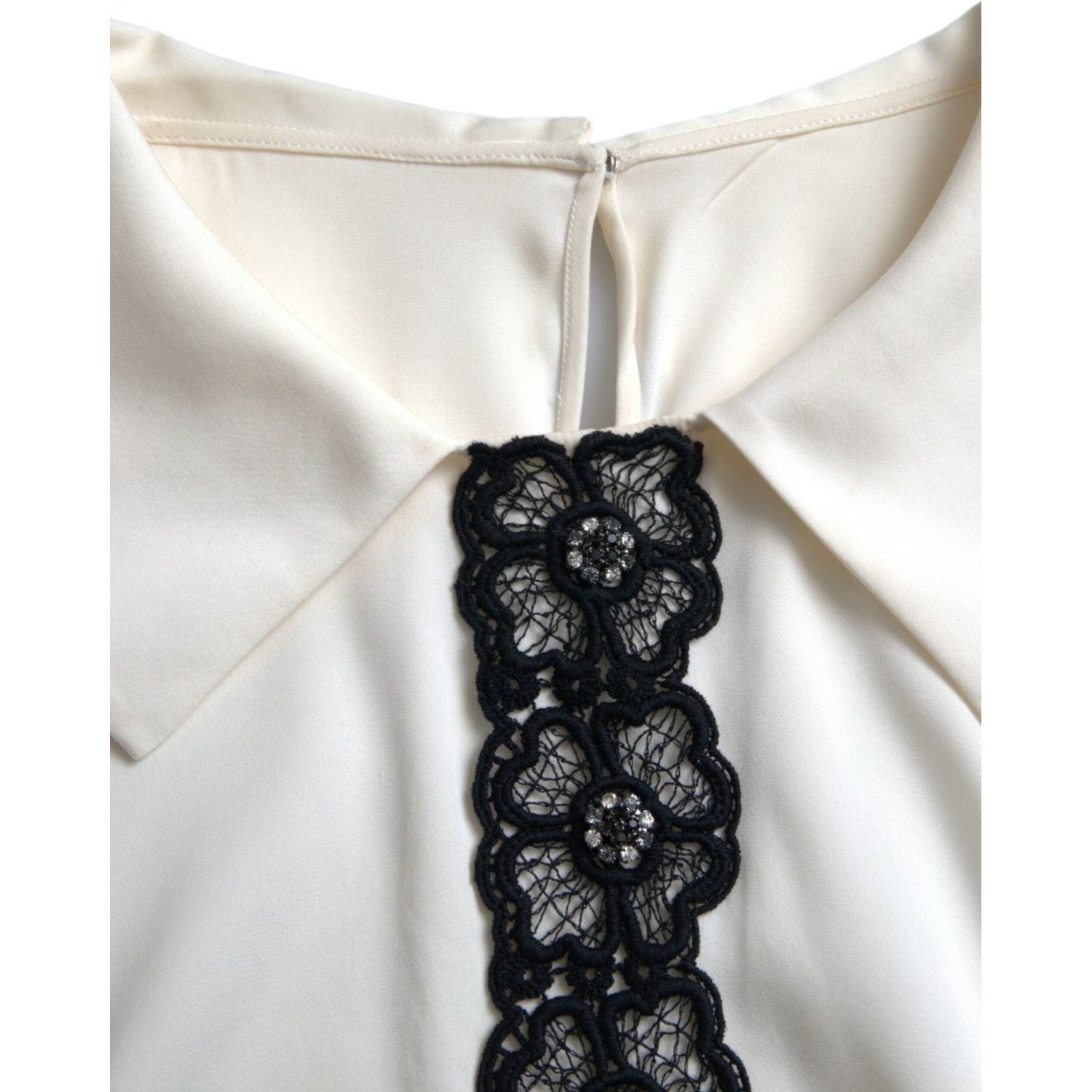 Dolce & Gabbana Off White Silk Lace Trim Short Sleeves Top