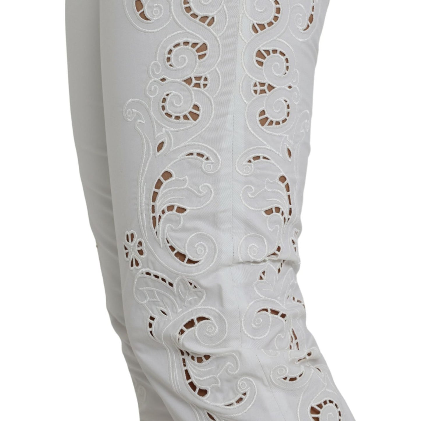 Dolce & Gabbana White Cut Out Cotton Mid Waist Cropped Pants