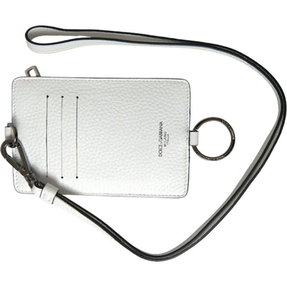 Dolce & Gabbana White Calf Leather Lanyard Logo Card Holder Wallet