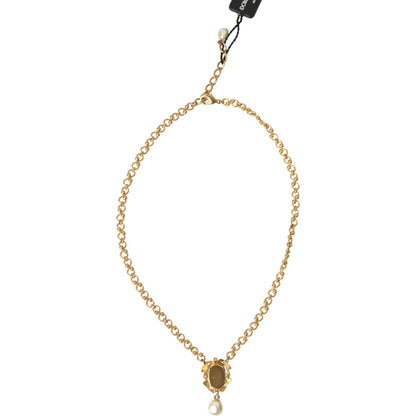 Dolce & Gabbana Gold Brass Chain Pearl Pendant Charm Necklace Necklace