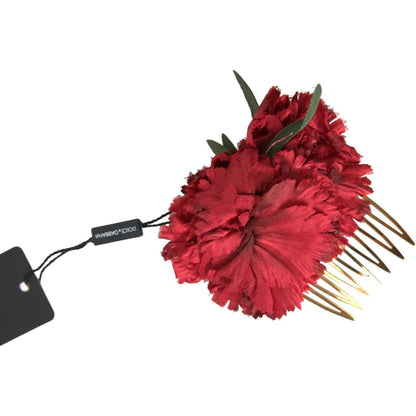 Dolce & Gabbana Red Silk Floral Gold Brass Women Hair Comb