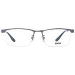 BMW Gray Men Glasses Frame in gunmetal titanium, half-rim rectangle style, size 55-17-145, with demo lenses, includes branded case.