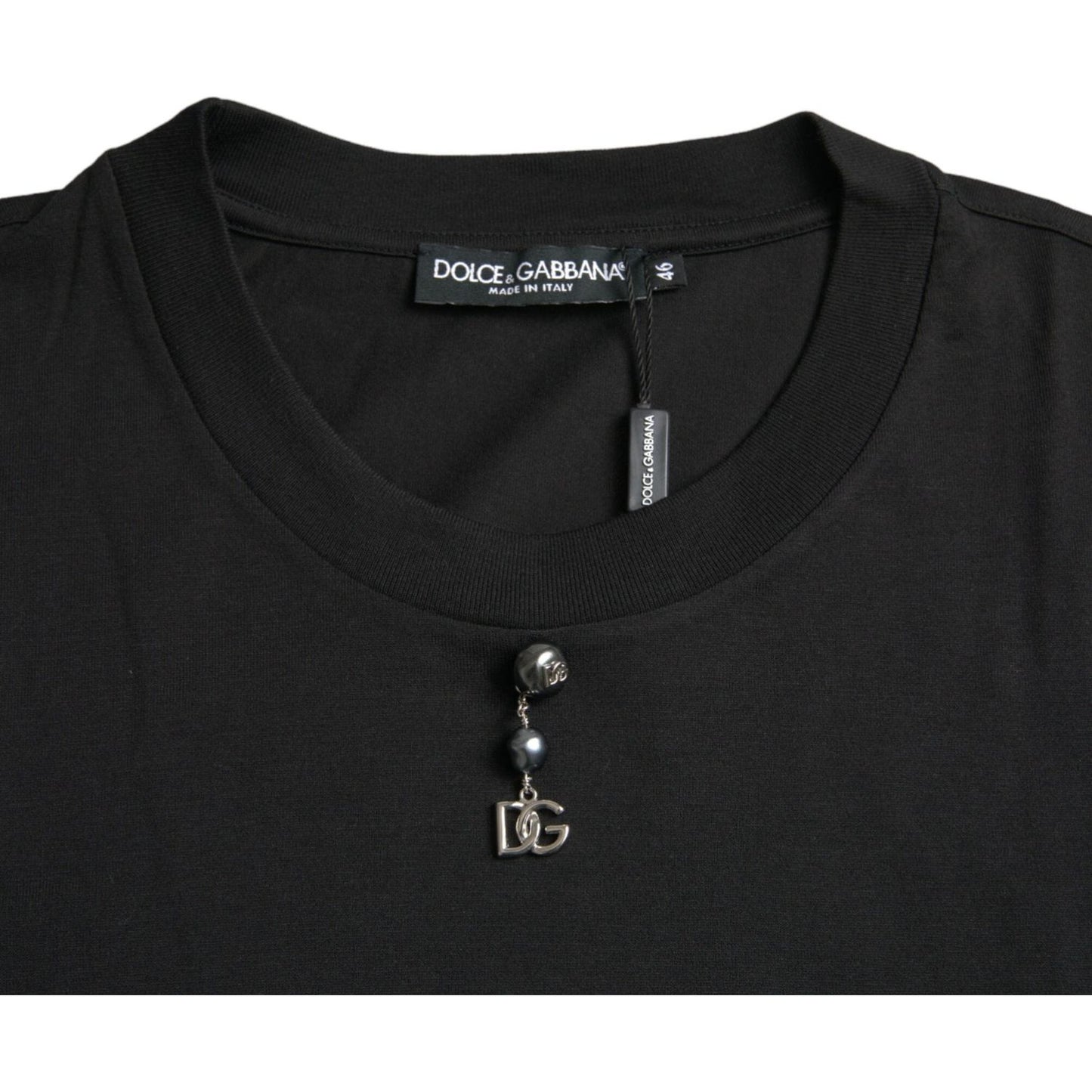 Dolce & Gabbana Black Embellished Cotton Crew Neck T-shirt