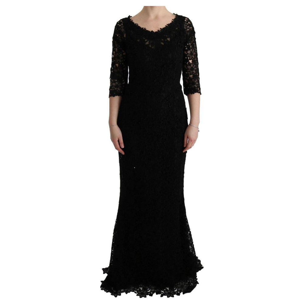 Dolce & Gabbana Black Floral Ricamo Sheath Long Dress SIG60580-1