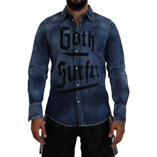 Dsquared² Blue Washed Goth Surfer Print Men Denim Shirt Dsquared² Dark Slate Gray