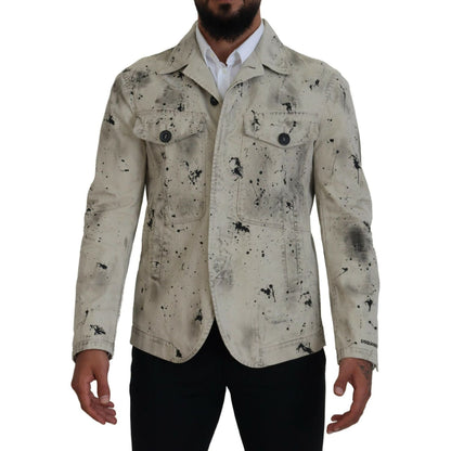 Dsquared² Off White Black Splash Print Casual Denim Jacket