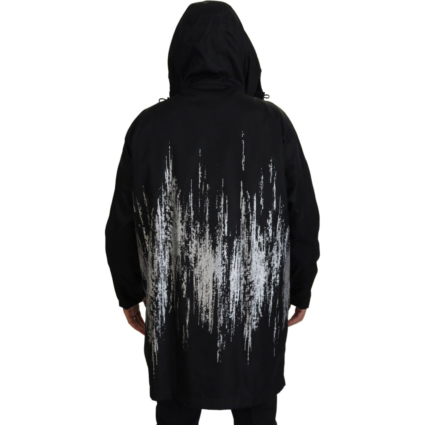 Dsquared² Black White Print Long Hooded Coat Nylon Jacket