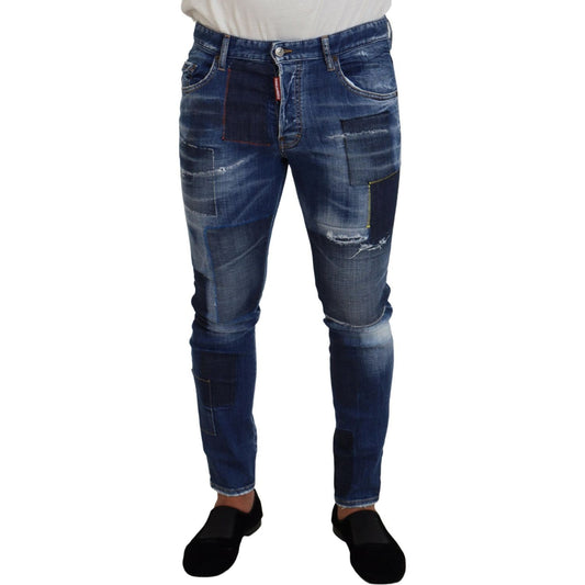 Dsquared² Blue Washed Patchwork Skinny Men Denim Jeans Dsquared² Dark Slate Gray