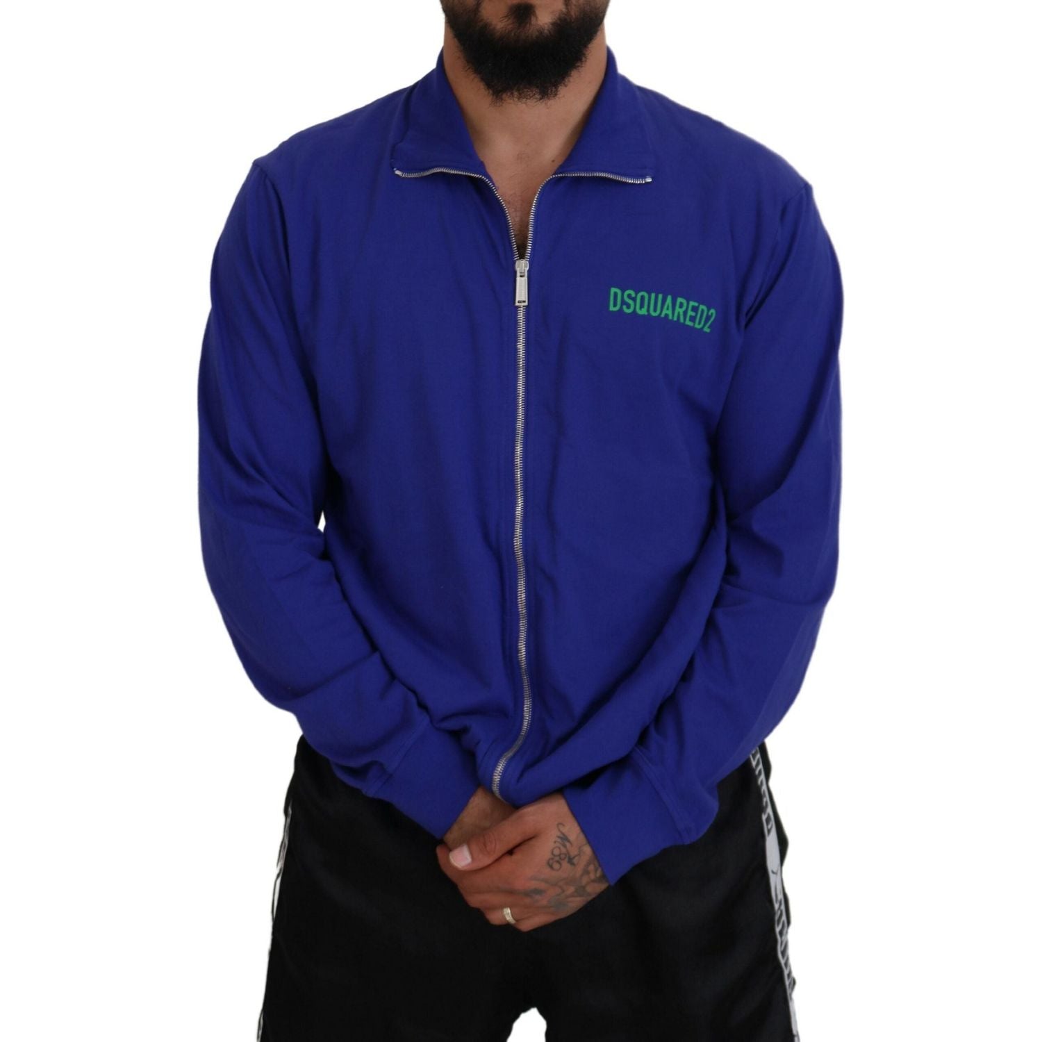 سترة رجالية من Dsquared² بسحاب كامل وياقة مطبوعة من القطن باللون الأزرق