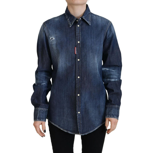 Dsquared² Blue Washed Cotton Button Down Collared Denim Top Dsquared² Dark Slate Gray