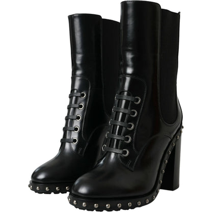 Dolce & Gabbana Black Leather Studded Lace Up Boots Shoes
