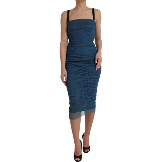 Dolce & Gabbana Blue Mesh Trim Ruched Tulle Sheath Dress Dolce & Gabbana Rosy Brown