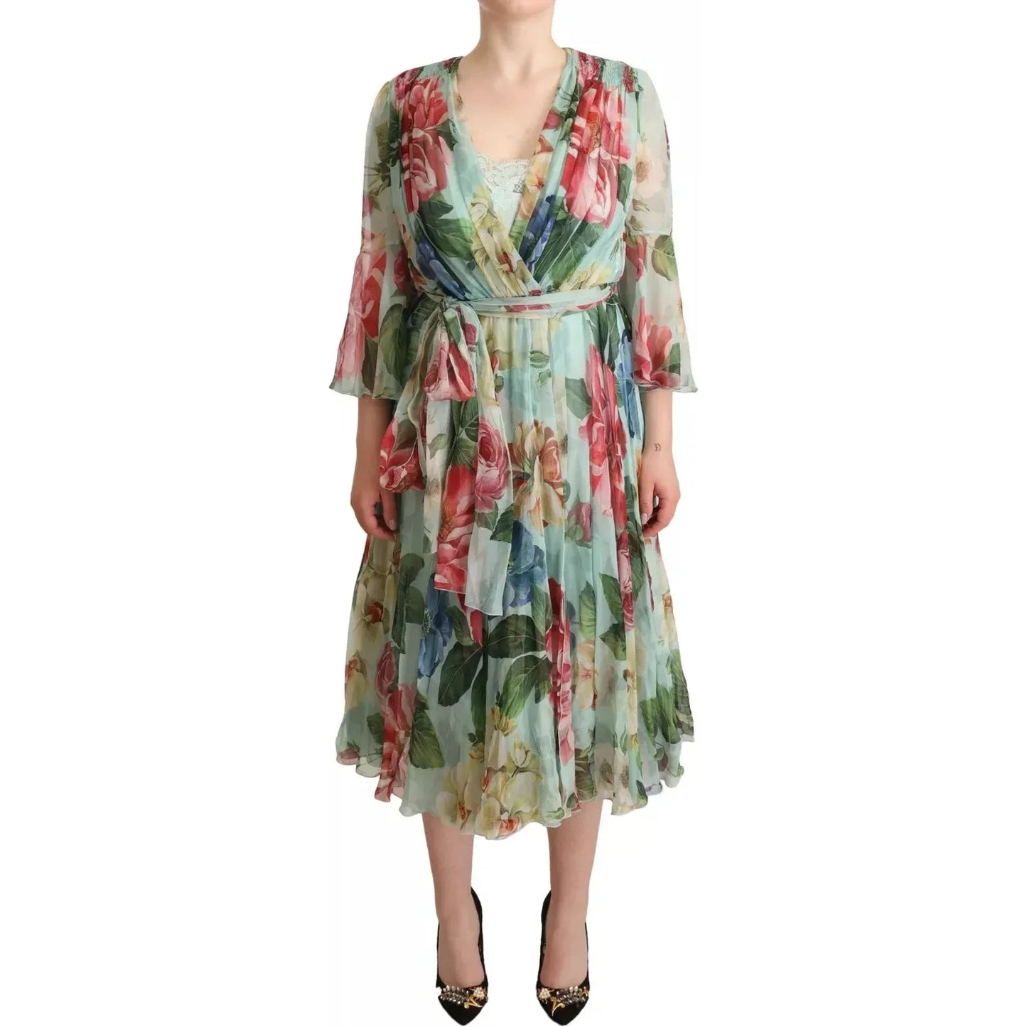Dolce & Gabbana Green Floral Long Sleeve V-neck Midi Dress DR28276-36