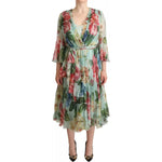 Dolce & Gabbana Green Floral Long Sleeve V-neck Midi Dress DR28276-36
