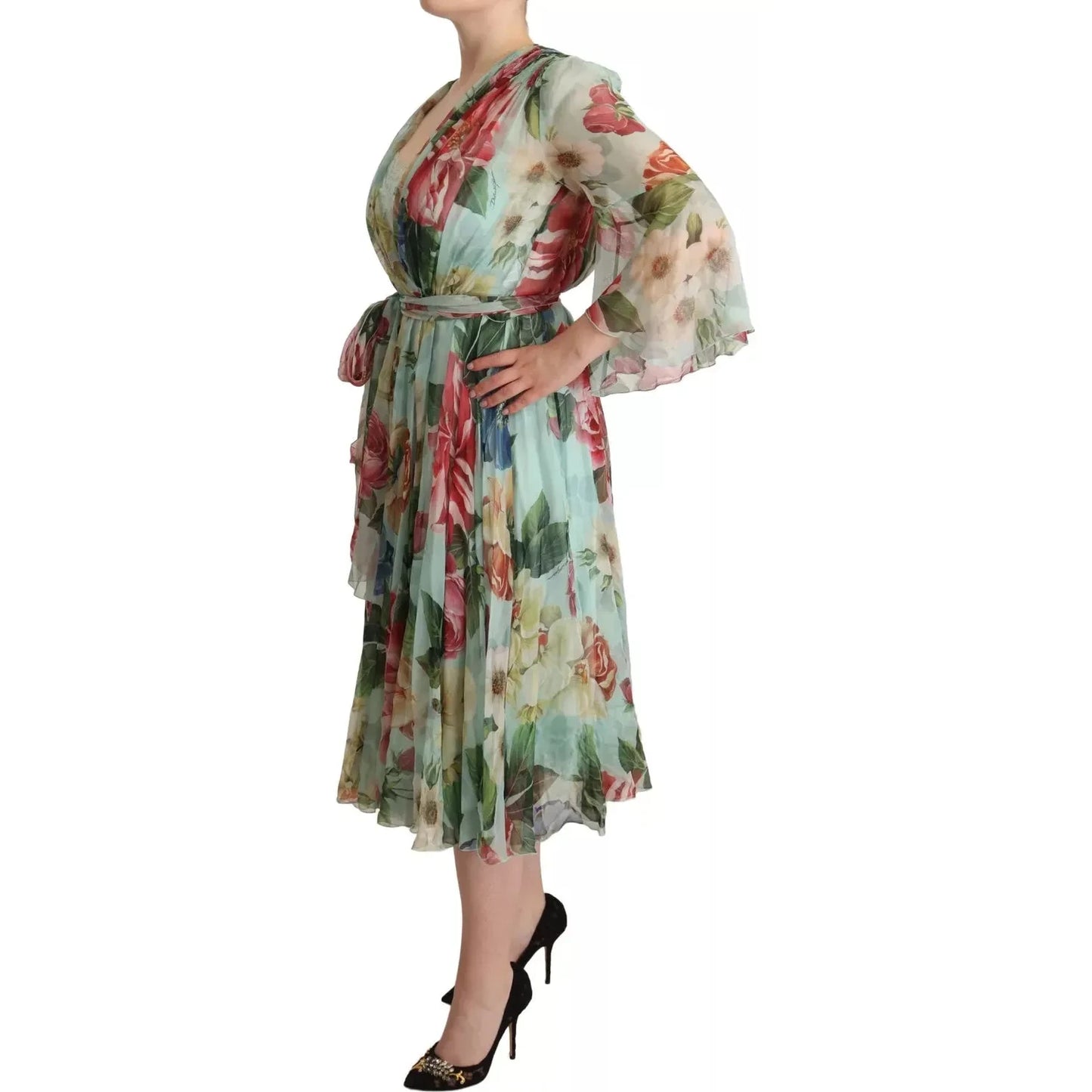 Dolce & Gabbana Green Floral Long Sleeve V-neck Midi Dress DR28276-36
