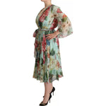 Dolce & Gabbana Green Floral Long Sleeve V-neck Midi Dress DR28276-36