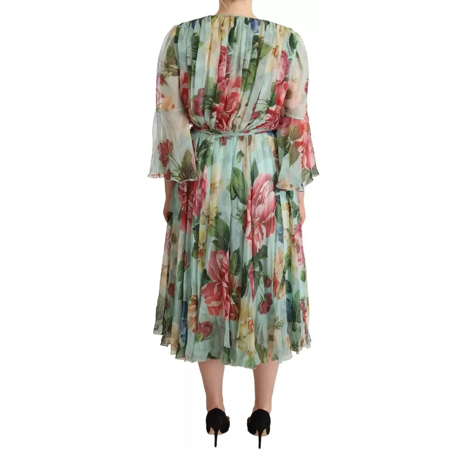 Dolce & Gabbana Green Floral Long Sleeve V-neck Midi Dress DR28276-36