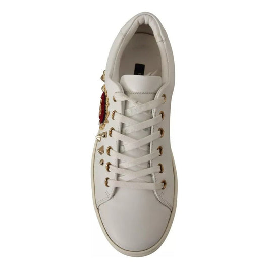Dolce & Gabbana White Leather Gold Red Heart Sneakers Shoes LA9896#2-36