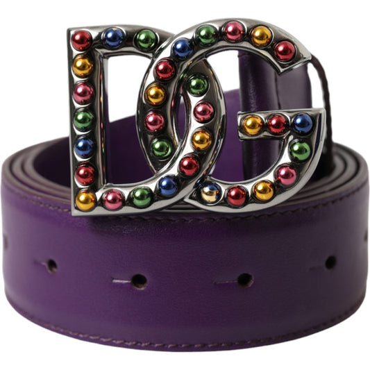 Dolce & Gabbana Purple Leather DG Logo Studs Metal Buckle Belt