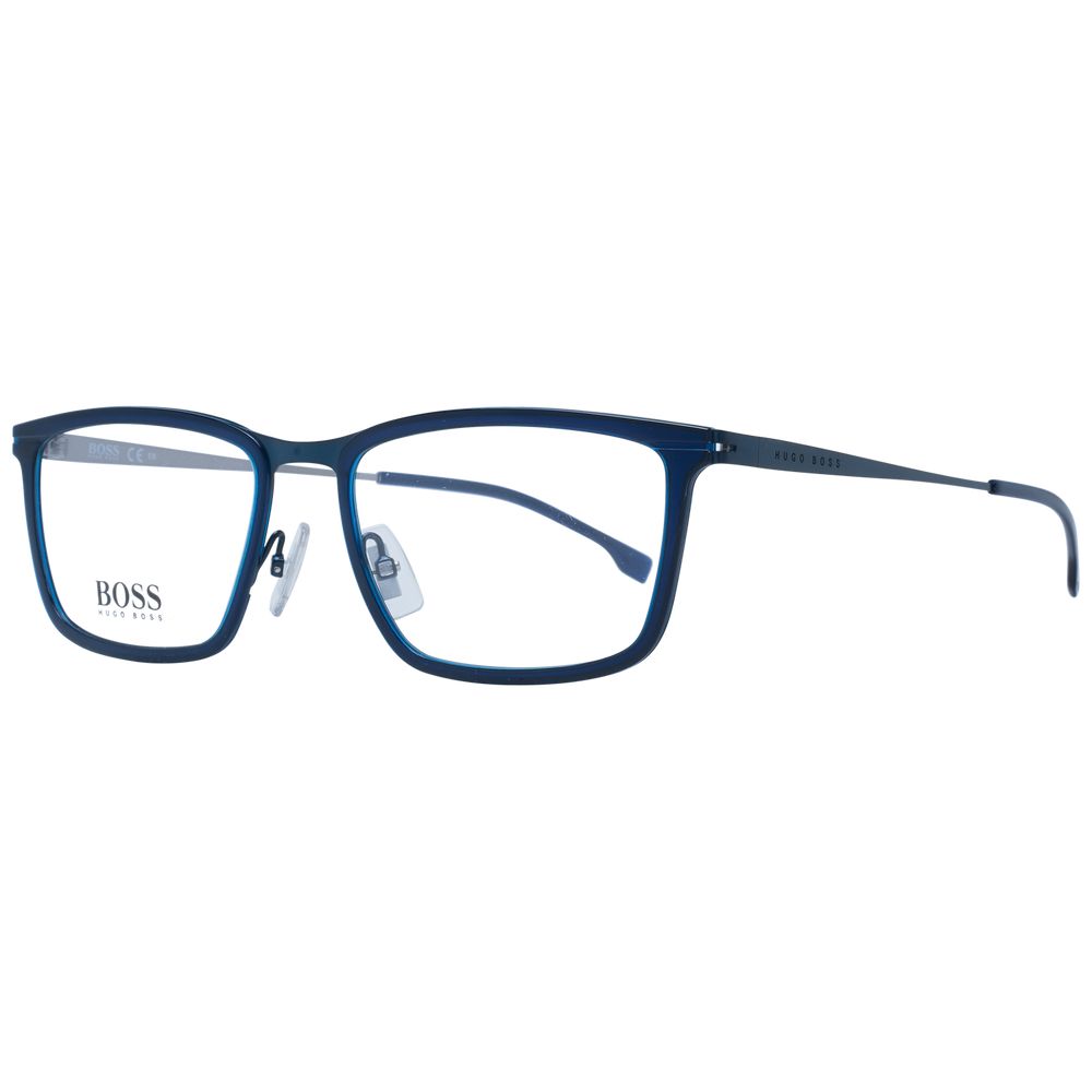 Hugo Boss Blue Men Glasses Frame, full-rim rectangular stainless steel, blue color, size 56-18-150, includes branded case.