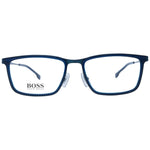 Hugo Boss Blue Men Glasses Frame in stainless steel, full-rim rectangle style with demo lenses, includes branded case.