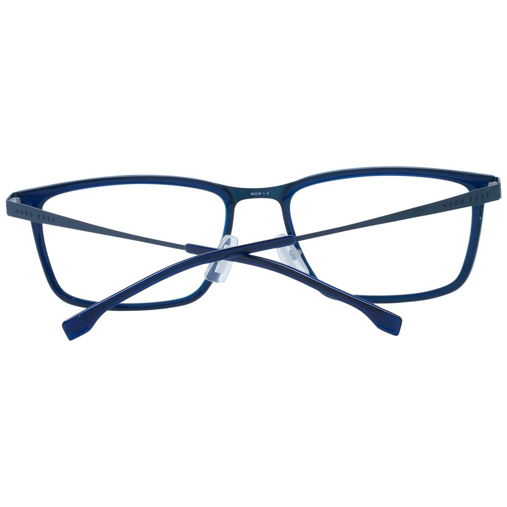 Hugo Boss Blue Men Glasses Frame, full-rim rectangle style, stainless steel, 56-18-150 size, demo lenses included, with branded case.