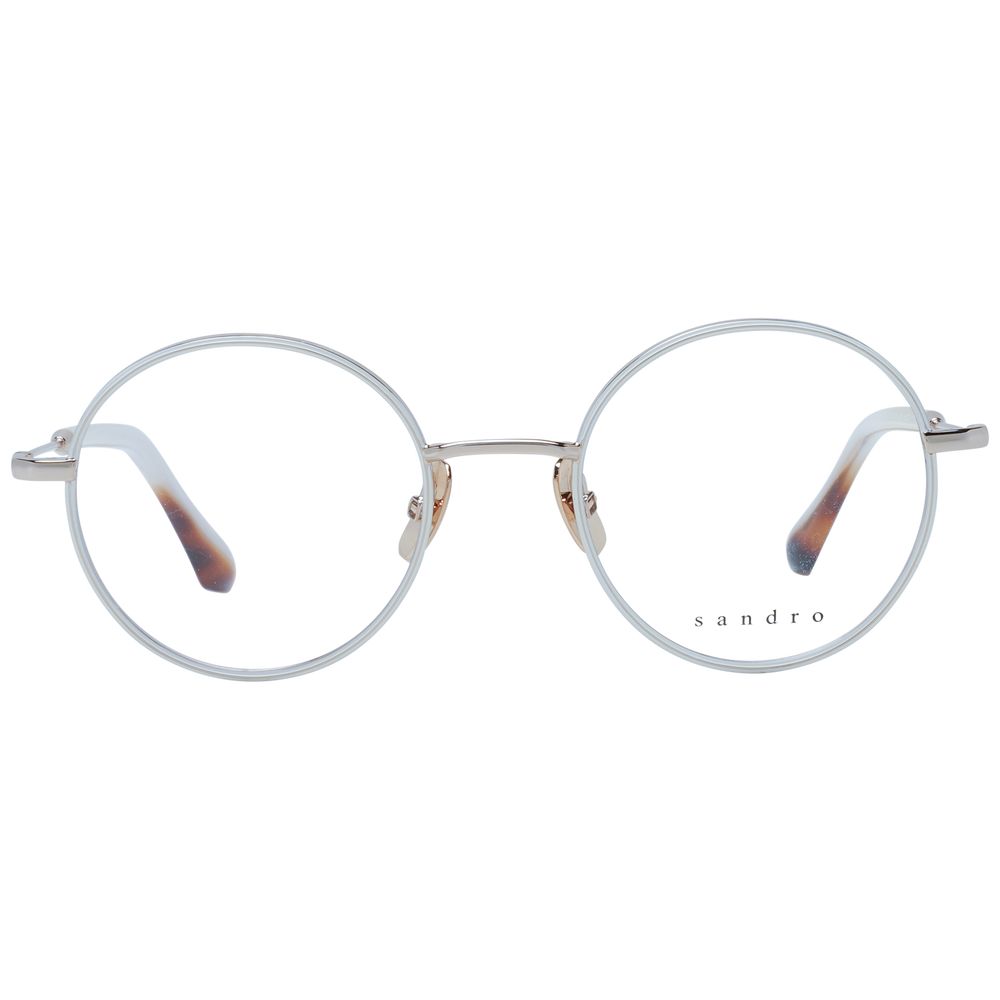 Sandro White Women Glasses Frame in stainless steel with full-rim style and demo lenses, featuring a branded case for shipment.