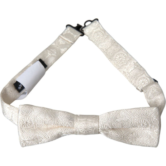 Dolce & Gabbana White Floral Brocade Adjustable Neck Men Bow Tie Dolce & Gabbana Light Gray