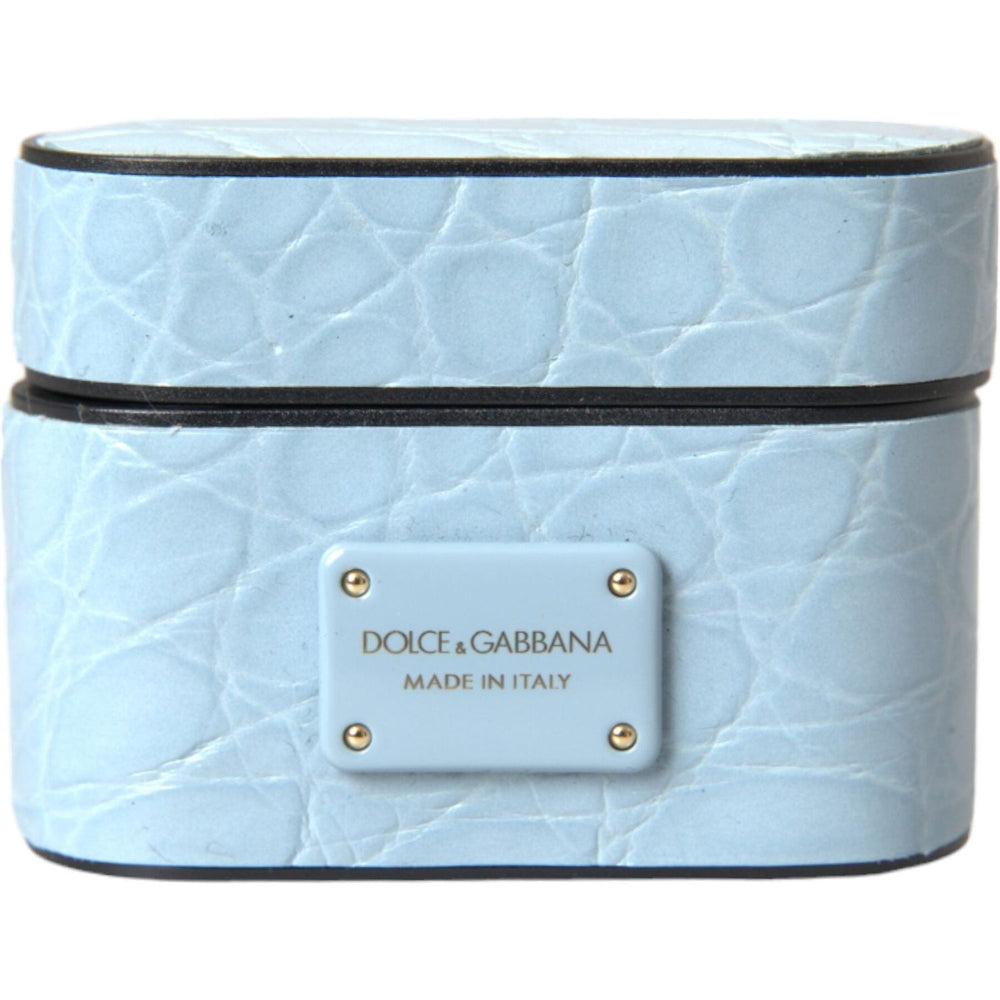 Dolce & Gabbana Light Blue Leather Metal Logo Plaque Airpods Case