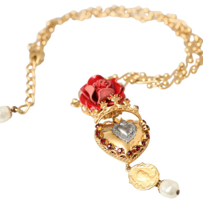 Dolce & Gabbana Gold BrassChain Sacred Heart Rose Crystal Charm Necklace