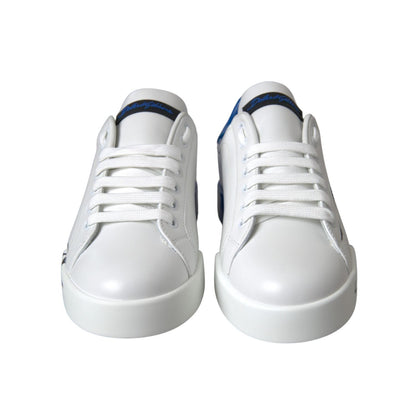 Dolce & Gabbana White Blue Leather Logo Low Top Sneakers Shoes