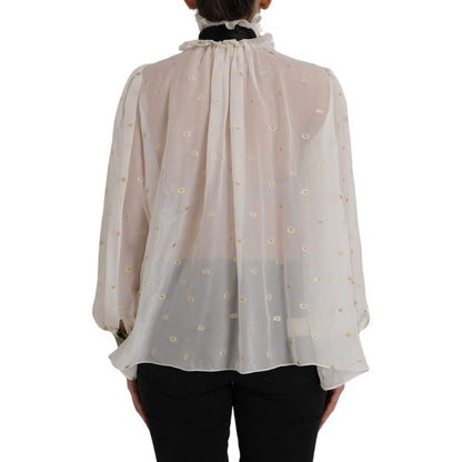 Dolce & Gabbana Off White Silk Blend Ascot Collar Blouse Top