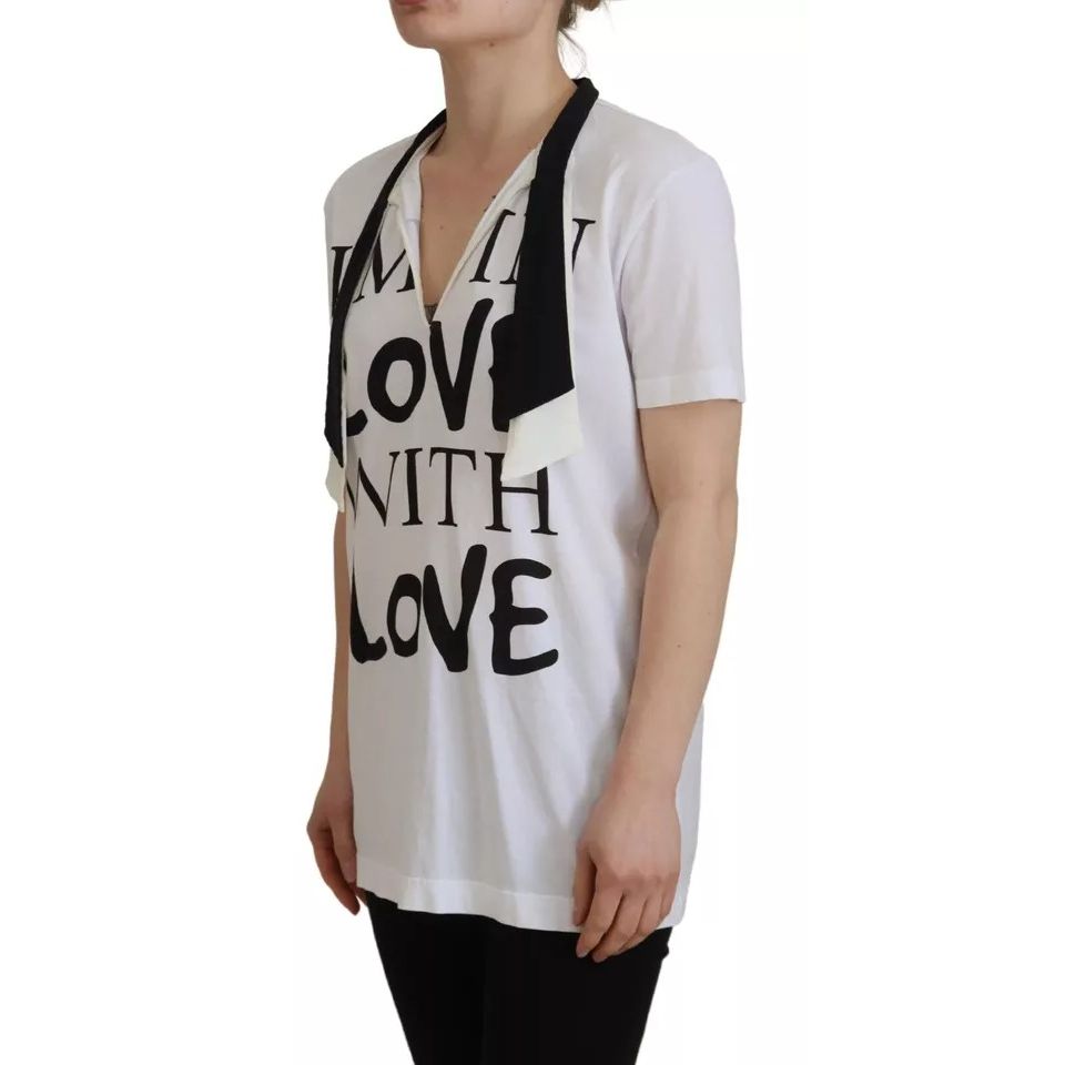 Dolce & Gabbana White Cotton Printed Ascot Collared T-shirt