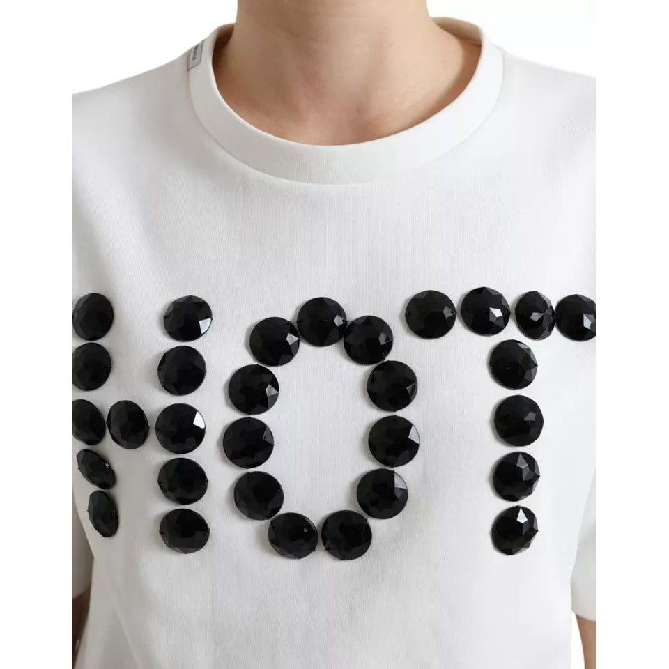 Dolce & Gabbana White Cotton Stretch Black HOT Crystal T-shirt