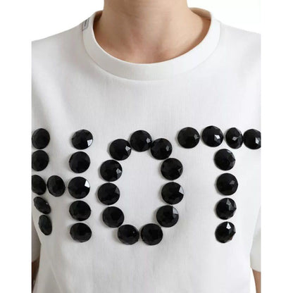 Dolce & Gabbana White Cotton Stretch Black HOT Crystal T-shirt