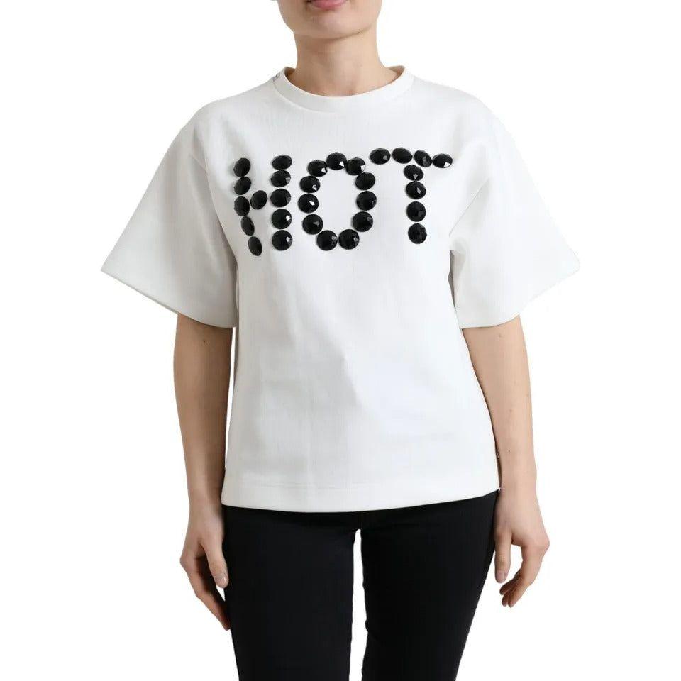 Dolce & Gabbana White Cotton Stretch Black HOT Crystal T-shirt