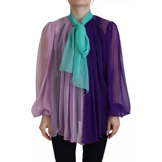 Dolce & Gabbana Multicolor Long Sleeves Ascot Collar Silk Top