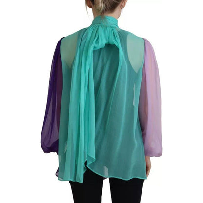 Dolce & Gabbana Multicolor Long Sleeves Ascot Collar Silk Top