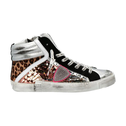 Philippe Model Elegant Gray Leather Sneakers with Sequin Details Philippe Model Gray